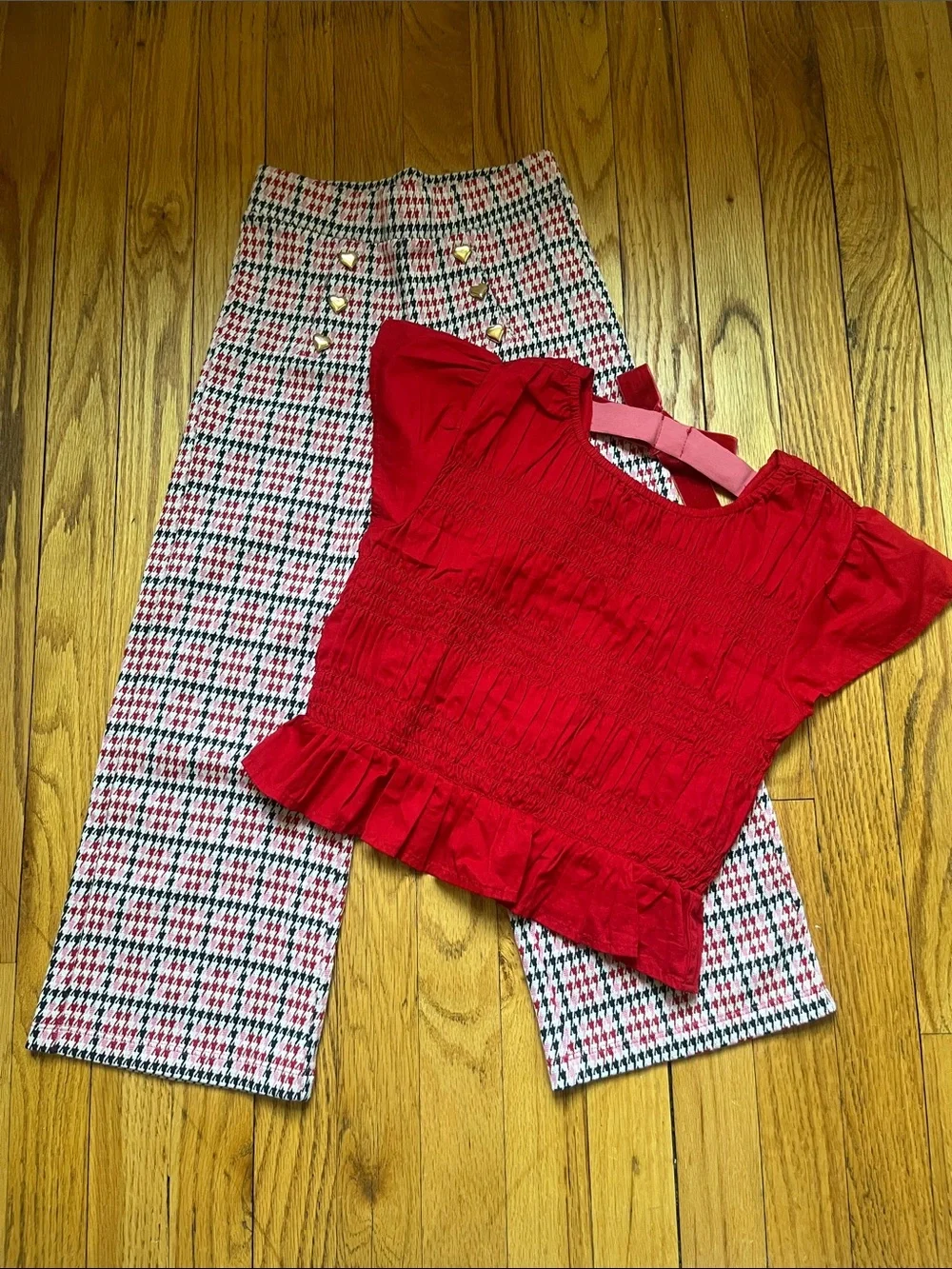 Old Navy Red Smocked Top with Pink & Black Patterned Wide-Leg Pants